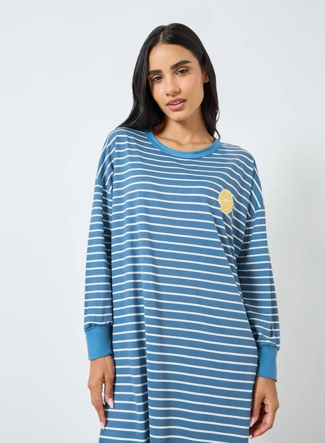 Styli Striped Long Sleeve Sleep Dress with Flower Applique